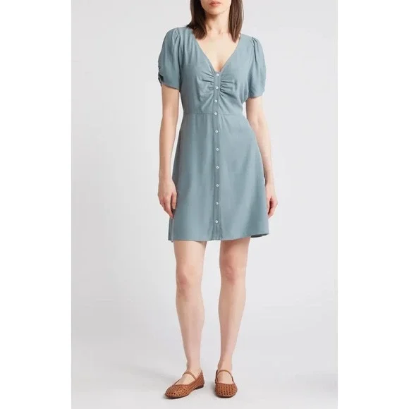 Madewell V-Neck Button-Front Mini Dress in Faded River Blue, Size 8 US, NWT - Picture 4 of 11